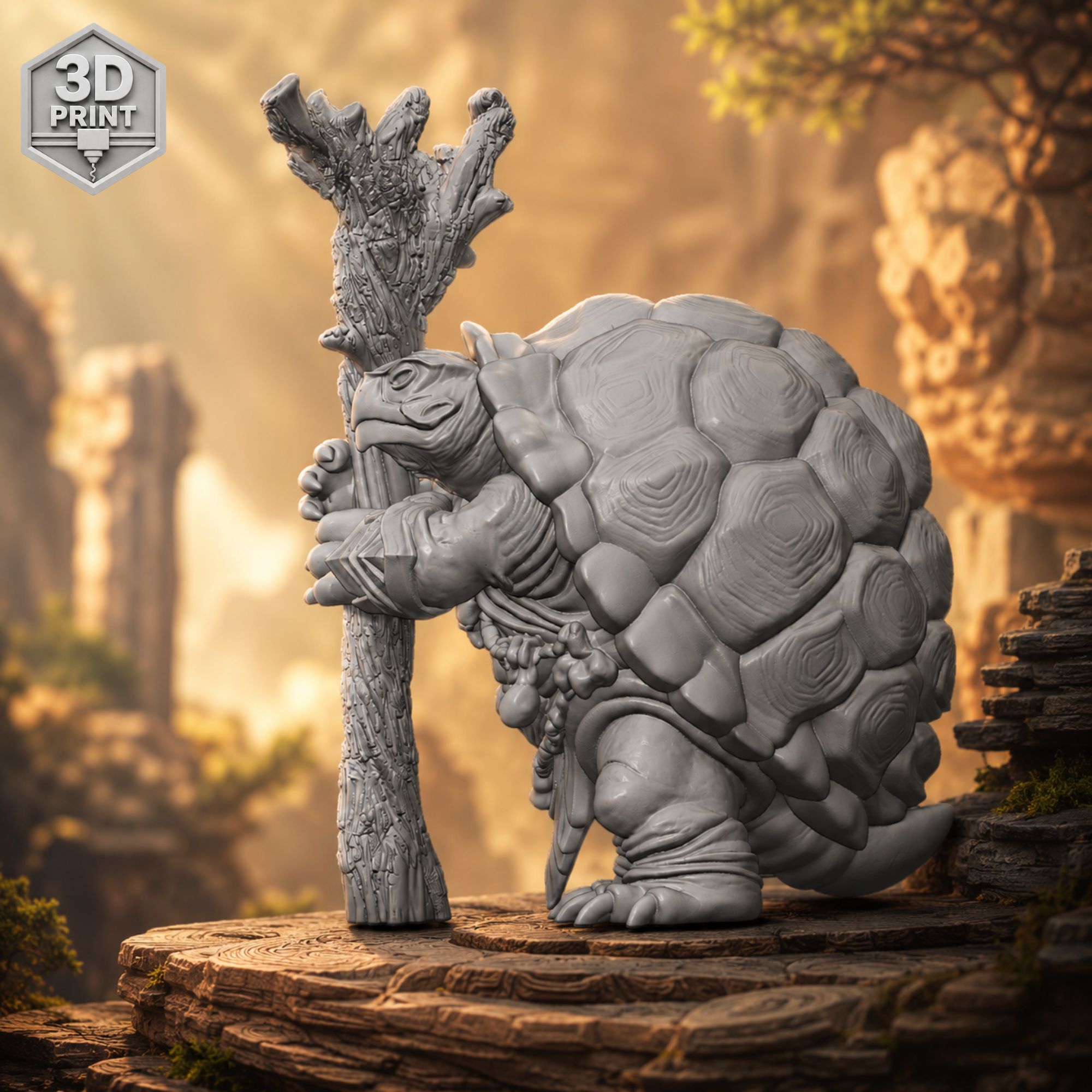TEMU 3d Printed Turtle Warrior Mini Figurine, Fantasy Tortoise Guardian With Wooden Staff Look, Gray Unpainted Collectible For Adults, Tabletop Game