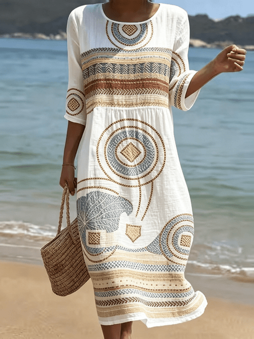 dames retro aardetinten gestreept gedrukt boho jurk, ademende vezelstof half mouw ronde hals geplooide taille strand vakantie midi zomerjurk, casual reisjurk
