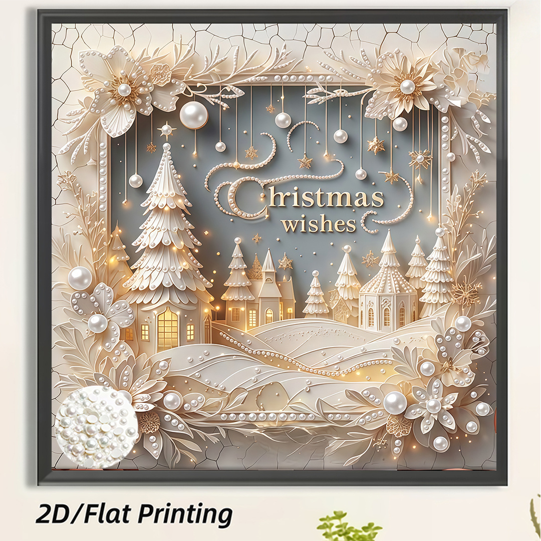 TEMU 2026 Painting Kit With 3d Christmas Snowy Town , Handmade Diamond Sticker Creative Drilling Painting Set, Includes Tools And Pearl Diamond Bag,