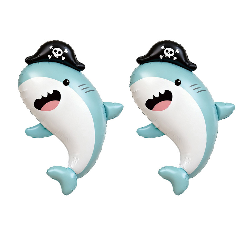 Image of 2pcs Pirate Shark-shaped Foil Balloons For Birthday Party, Birthday Party Atmosphere Decoration, Event Party Scene Setup
