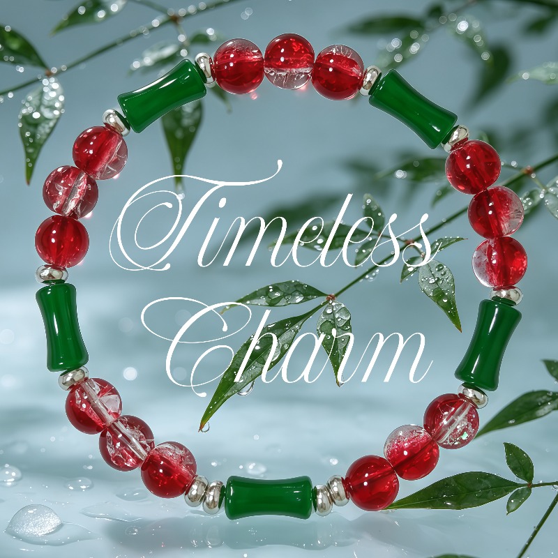 TEMU A Christmas-themed Red And Green Color-block Beaded Stretch Bracelet With A Bamboo Rayon-joint Design, A Niche And Versatile Accessory
