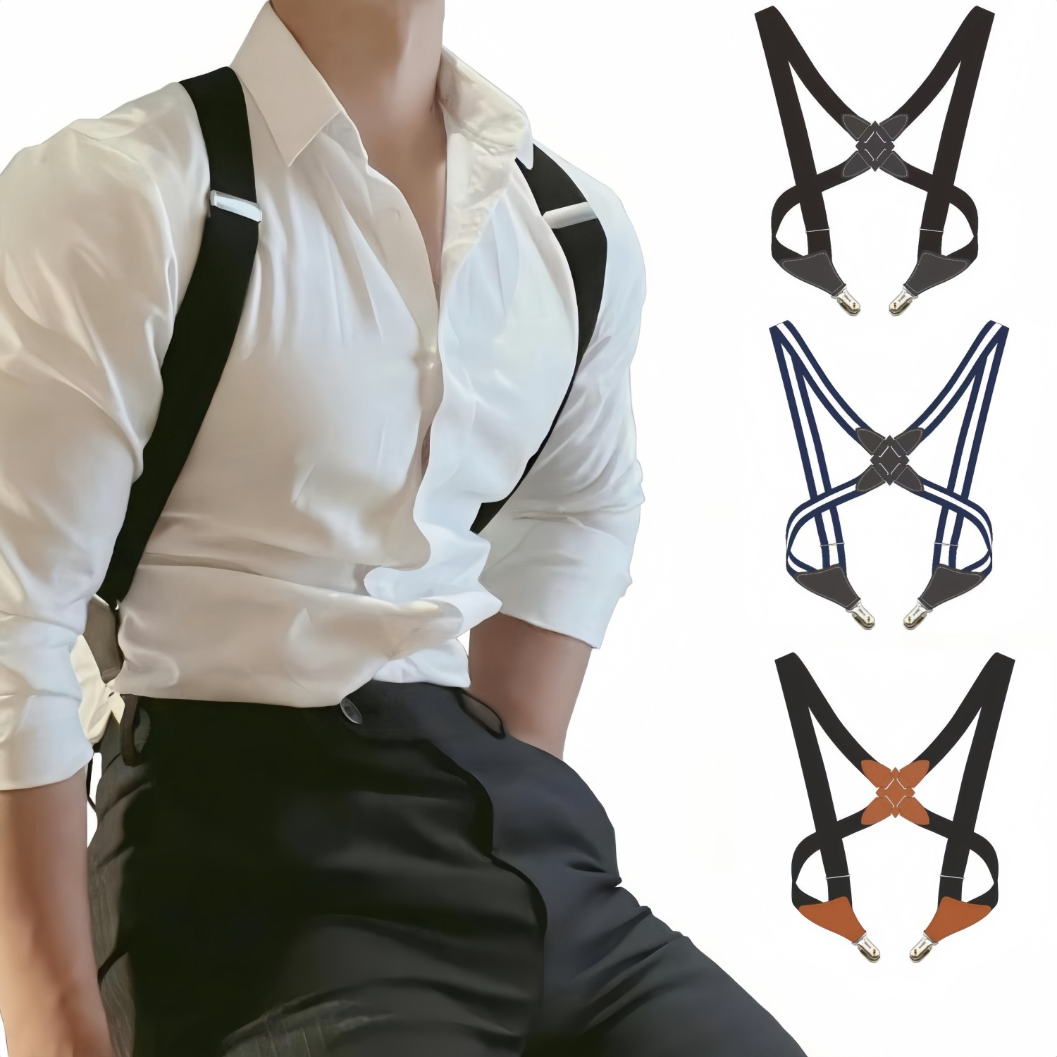 

1pc, Wide Suspenders - Men' Leather Suspenders With Side Clamps - Adjustable For Wear, Casual And Formal , Vacation, Work - Fashion Accessory