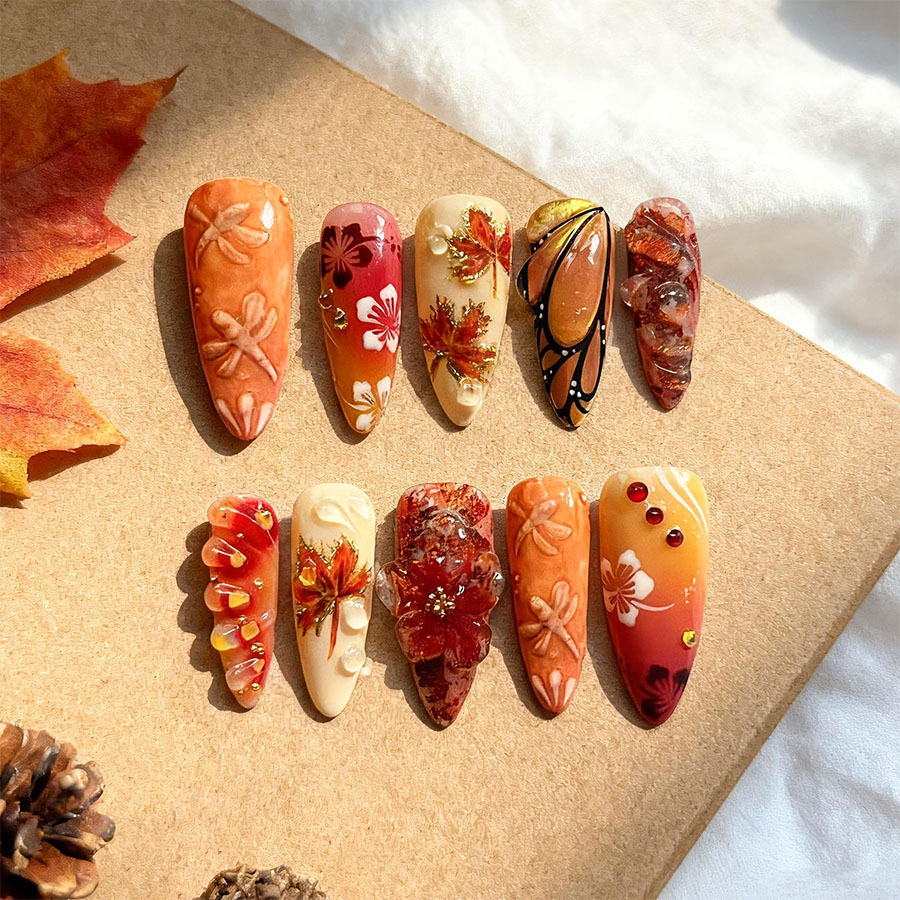 TEMU Ongles Portables Style Ins, , Nouveaux Ongles 3D Feuille d'Érable Automne Hiver, Main