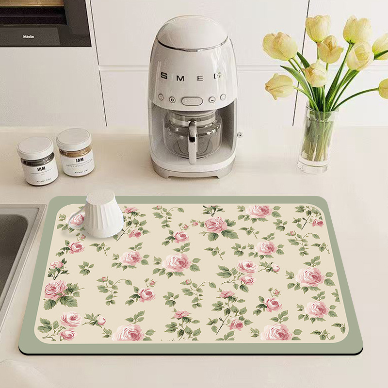 TEMU 1pc, Rose Pattern Absorbent Placemat, Stylish Tableware Drying Mat, High-end Coffee Machine Mat, Non-slip Rubber Base, Suitable For Coffee Bars,