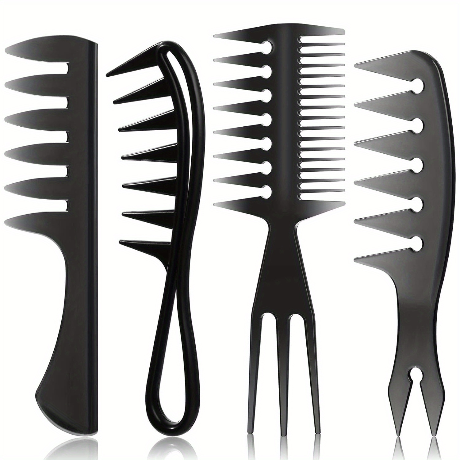 Image of 4pcs Hair Comb Styling Suit Double-sided Tail Comb With Pick Barber Wide Teeth Men Women Beard Hair Stylist, African , Black, 4 Styles