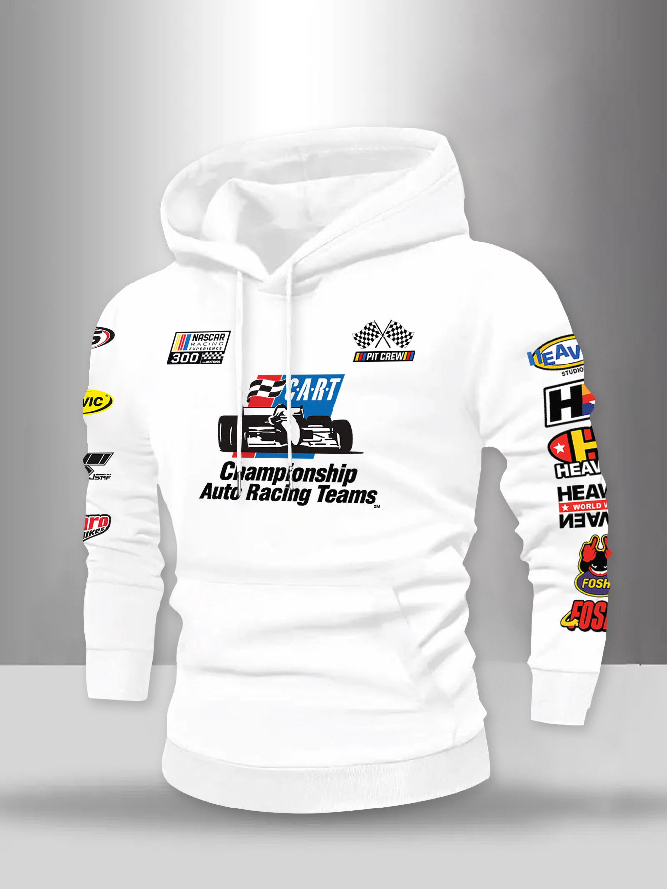 Nieuw, veelkleurig sweatshirt met race-thema en trendy patroon voor heren