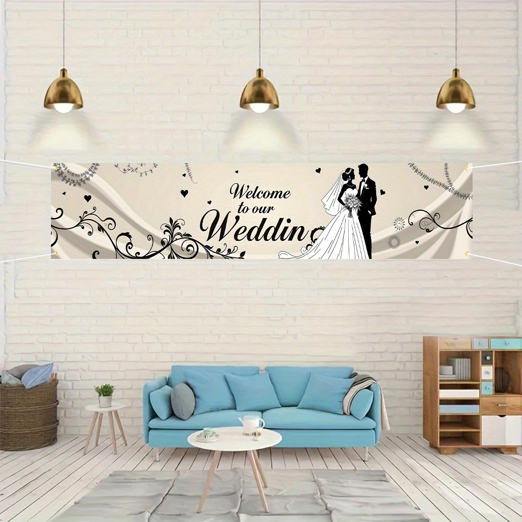 TEMU 2d Flat, 2d Flat - 2d Flat, 2d Flat - 2d Flat Banner 1pc Large Wedding Welcome Banner Featuring And Groom And Made Of Durable Polyester Suitable