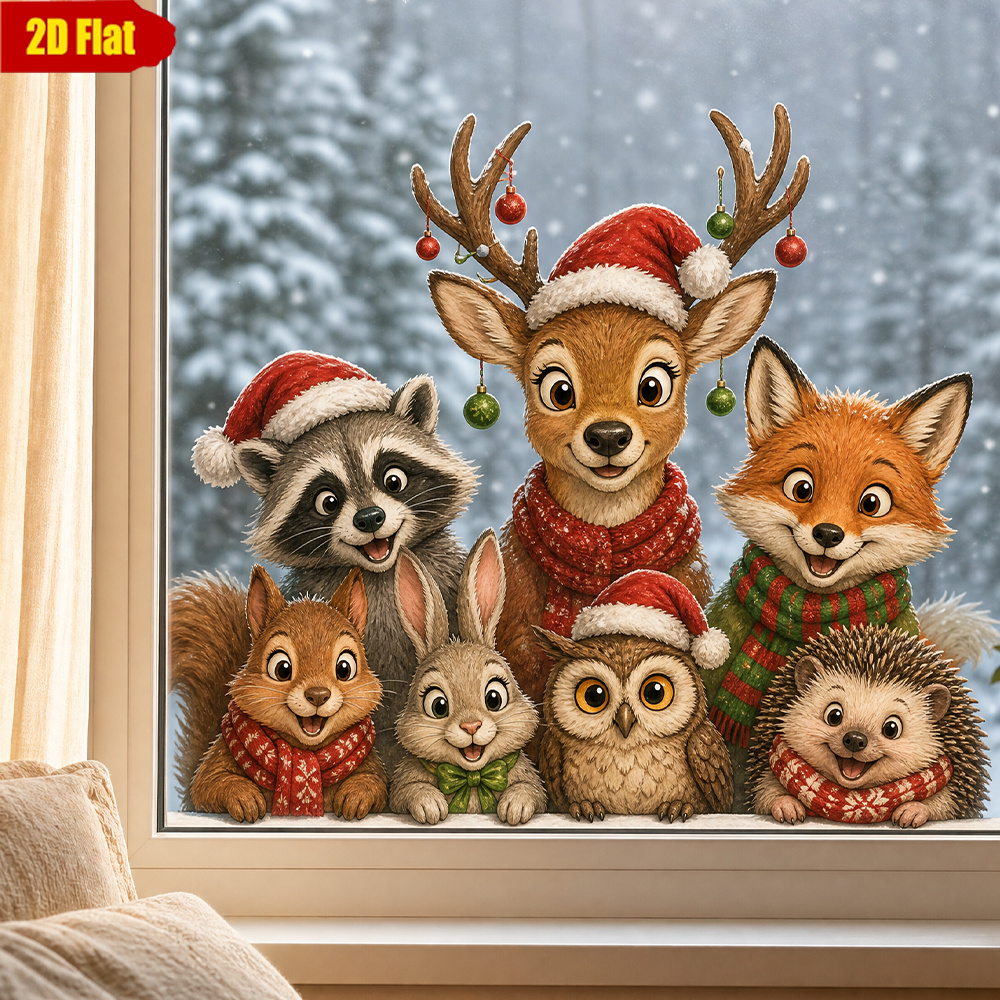TEMU 2D, 1 pieza - Calcomanía estática adherente para ventana de animales navideño - Reno, zorro, , , erizo, , con atuendos de gorro y bufanda de