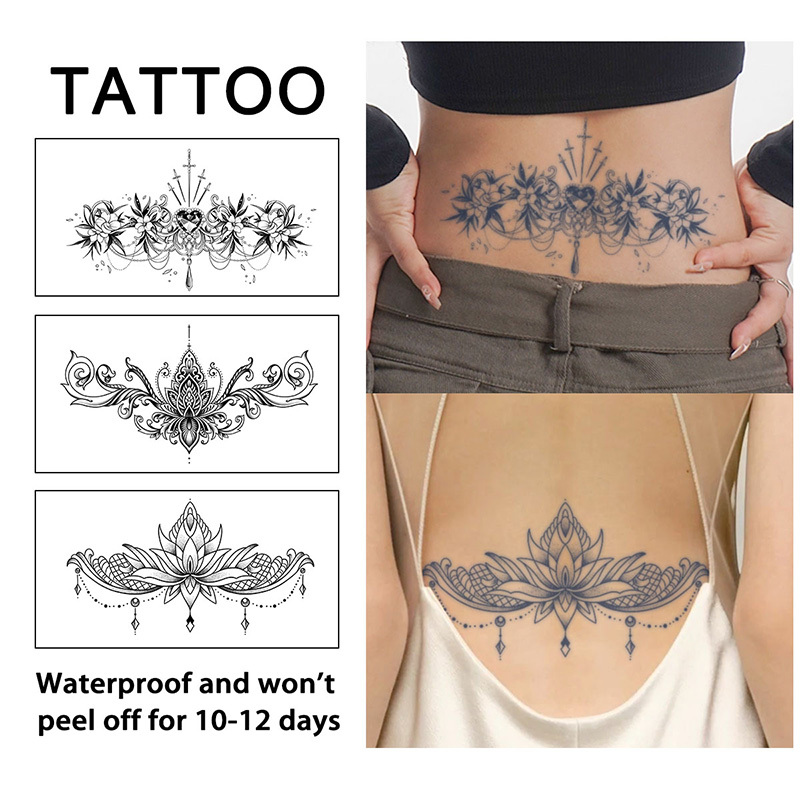 Image of 3 For Lotus Flower Women's Lower Back Herbal Temporary Tattoo Stickers, Long-lasting And Realistic For 1 To 2 Weeks, For Sensual Couples' Play, Waterproof And Sweatproof, Semi-permanent Tattoo Color