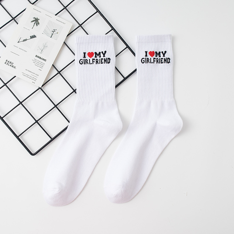 TEMU 1 Pair "i Love My Girlfriend/boyfriend" Couples Socks - Thin Striped Mid-calf Sweat-absorbent Breathable Soft Suitable For Casual Attire,