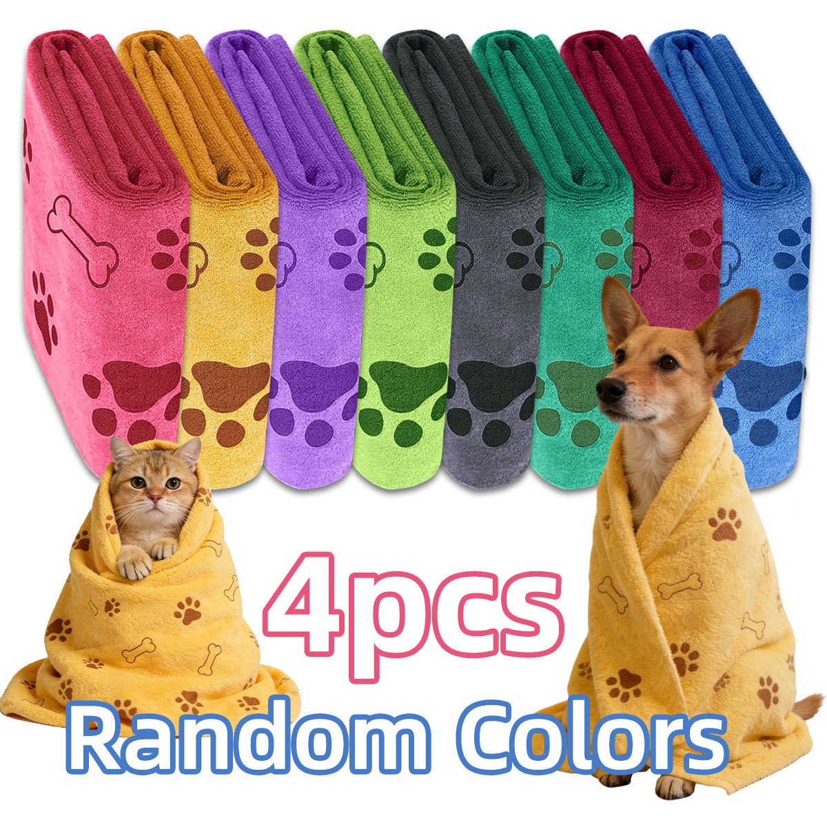 TEMU 4-pack 50x100cm Pet Bath Towels / 4pcs Super Absorbent Pet Towels, Random Colors, Suitable For Dogs And Cats - Quick-drying, With Paw Print, For