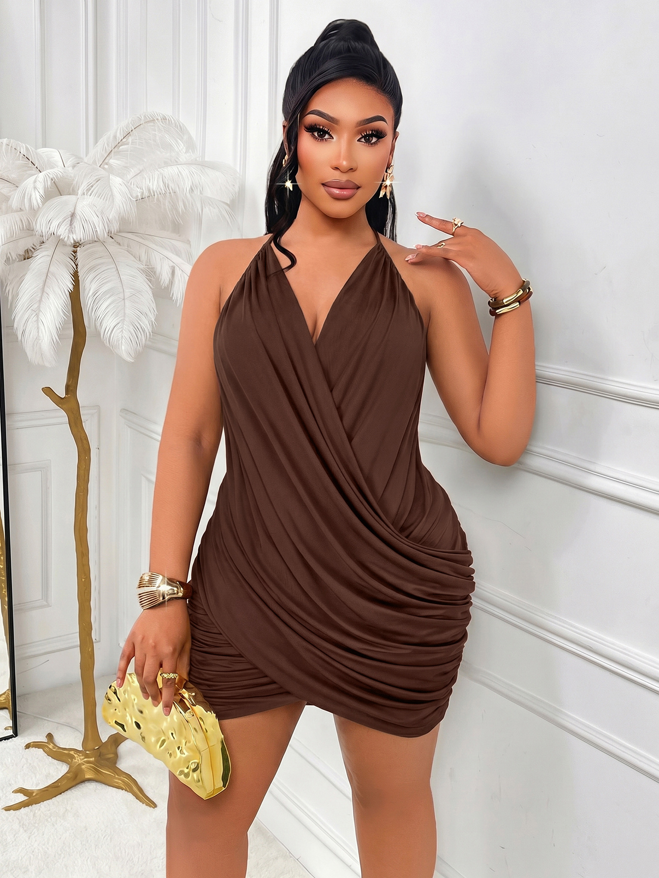 brown plus size bodycon dress women plus size elegant halter neck Color:Dark Mahogany
