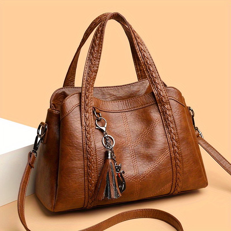 Image of 1pc Vintage Style Woven Handbag, Brown Material, Diamond Stitching, With Tassel Cat Pendant, Adjustable Shoulder Strap, Suitable For Daily /shopping/handbag/shoulder Bag/crossbody Bag