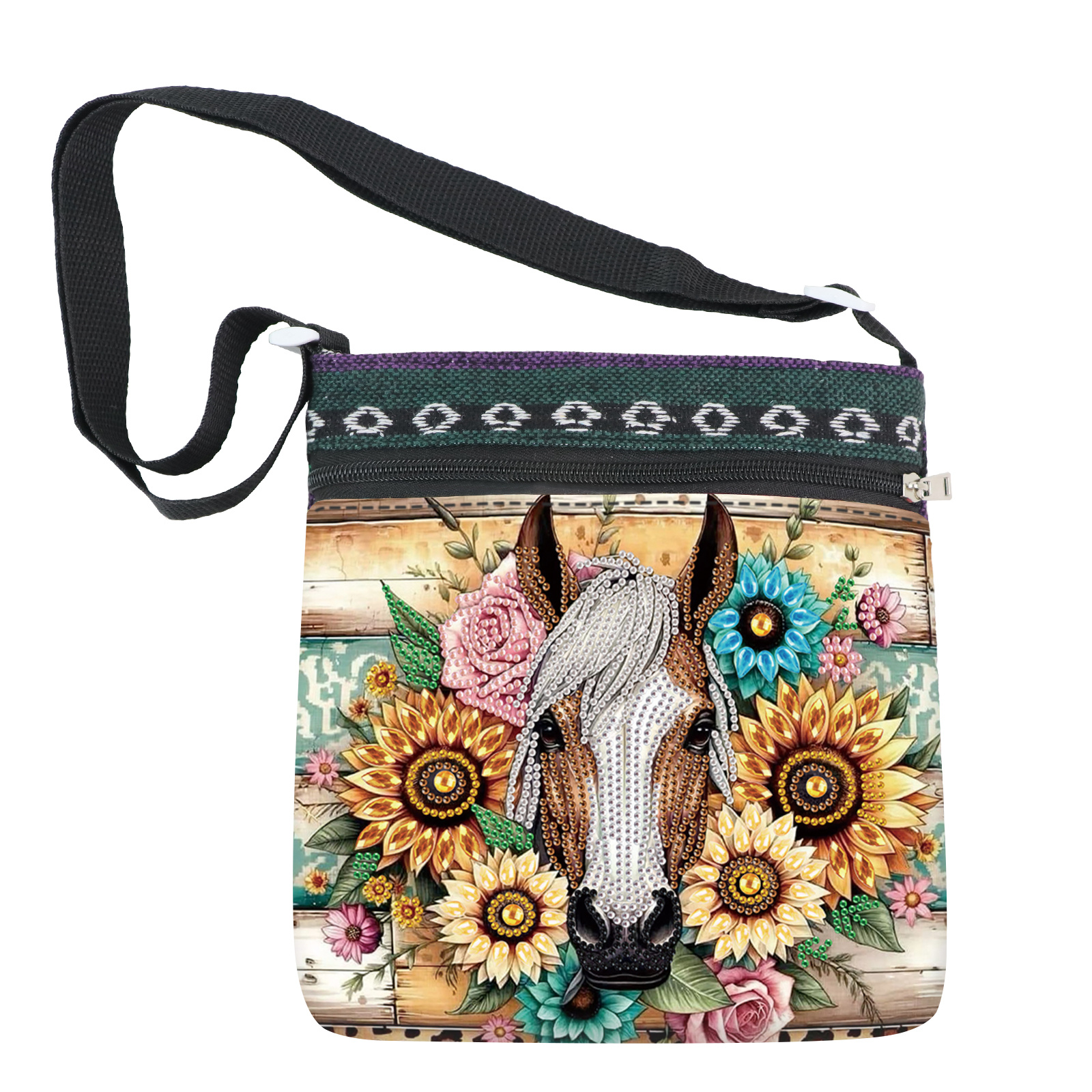 

1pc 5d Diy Acrylic Diamond Painting Shoulder Bag, Sunflower & Horse Pattern, Irregular Shape, Mosaic Craft Kit For Adults, Animal Theme