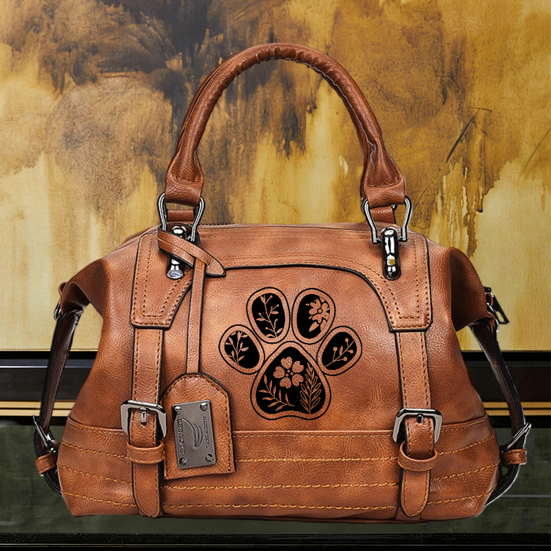 TEMU 1pc Women's Vintage Boston Bag With Paw Print & Zipper Closure - Adjustable Crossbody/shoulder Strap, Top Handle Handbag Suitable For Daily