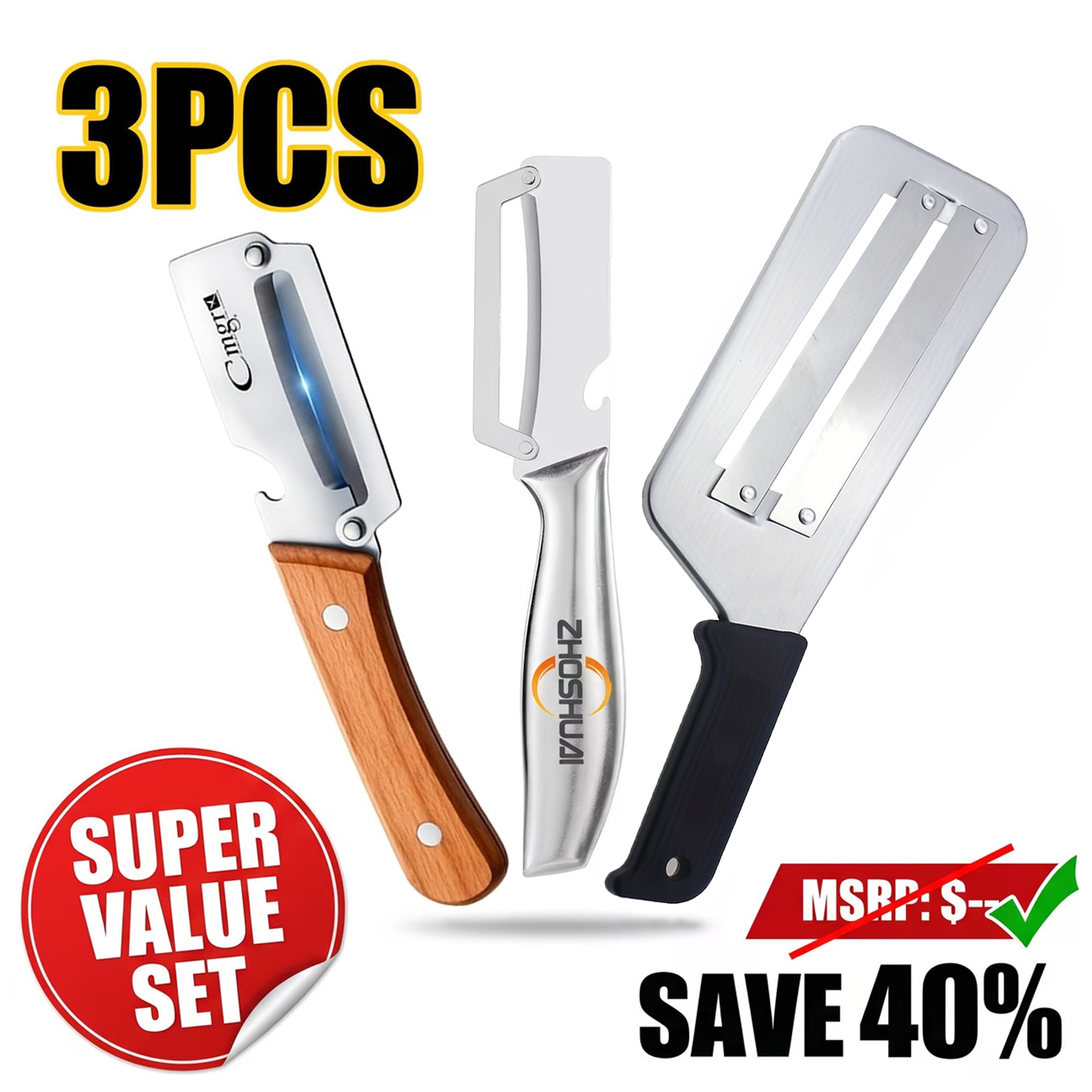 TEMU 3pcs Vegetable Slicer And Fruit Peeler, Equipped With Stainless Steel And Bottle Openers, Multifunctional Kitchen Tools Suitable For Ingredients