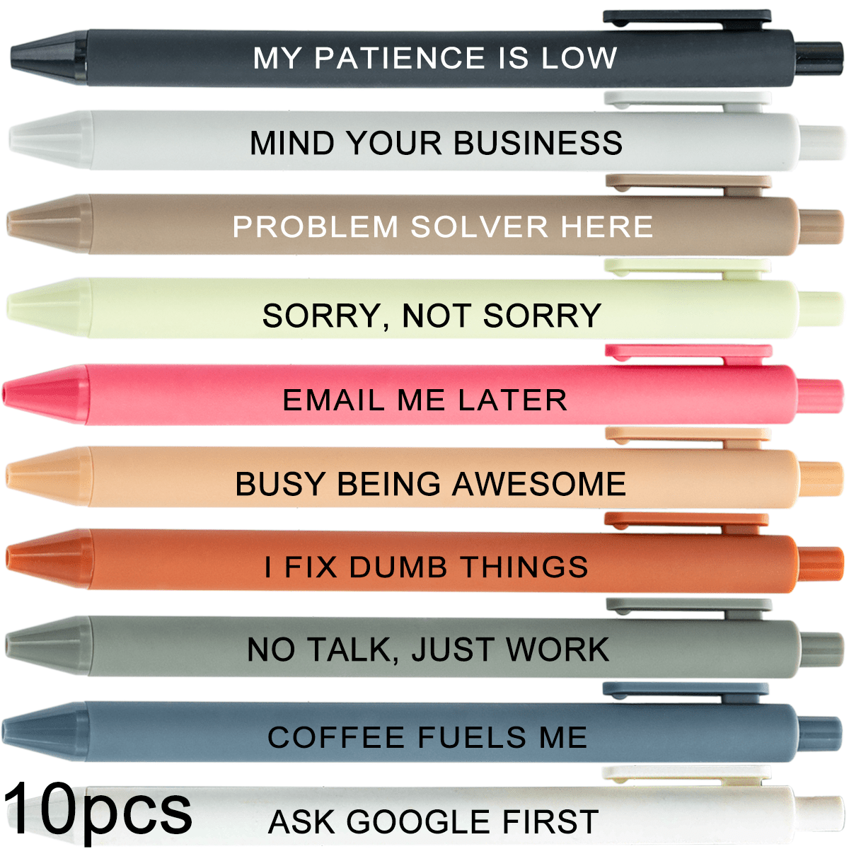 Image of 10pcs Office& School Ballpoint Pens, Sassy Humor Phrases, Black& , Perfect For Coworkers& Students, Funny Stationery Gift Back To School Stationery