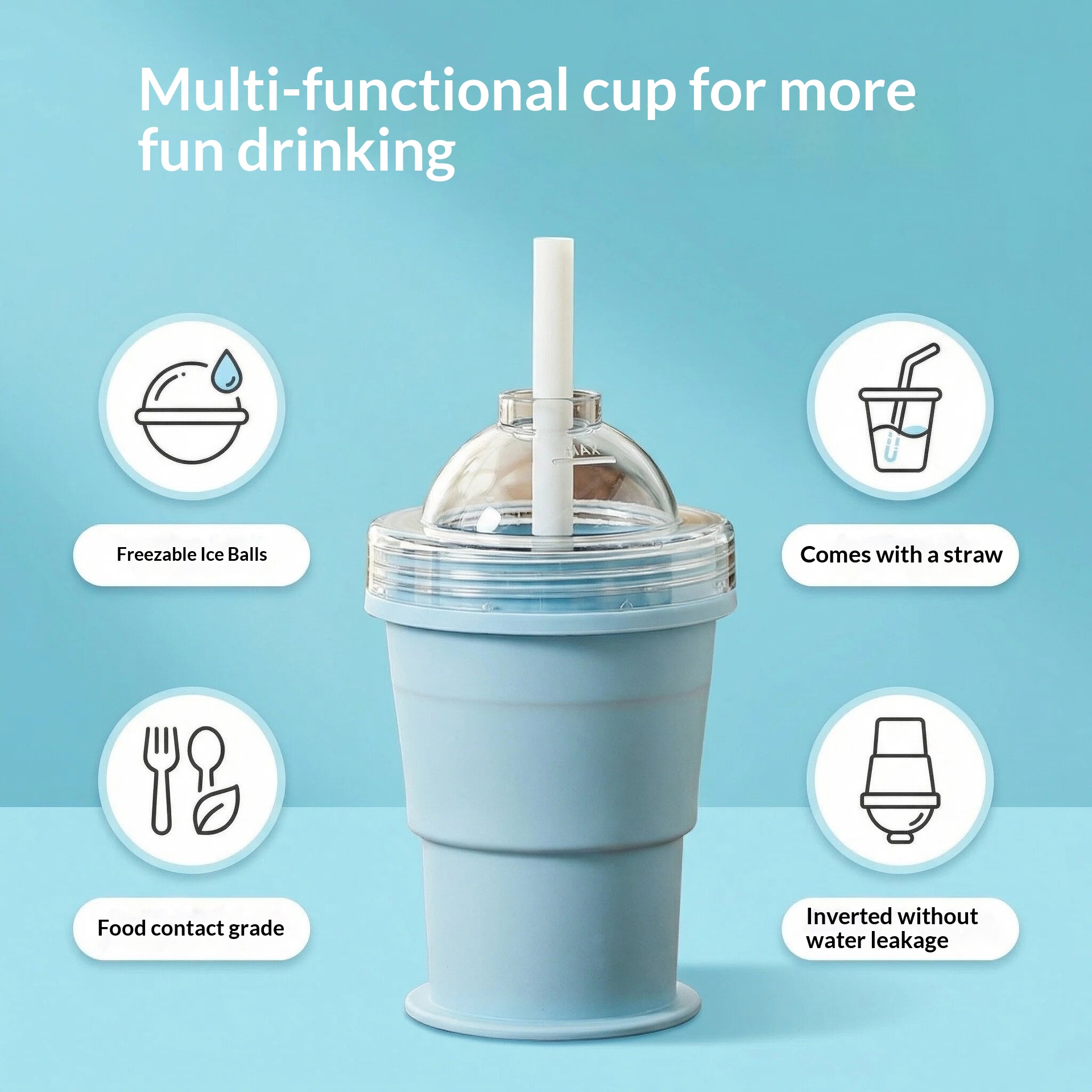 2-in-1 Portable Foldable Ice Hockey Cup, Creative Silicone Material, Whiskey Ice Cube Maker with Freezer Tray, Cup, Ice Mold with Built-in Straw, On-the-Go Summer Cup, Easy-Release Large Ice Cube Tray, Foldable Ice Cup for Iced Coffee and Drinks