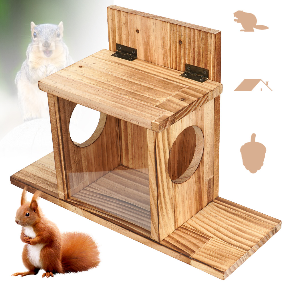 Feeding Station For Squirrels Designed For Outdoor Use, Featuring A Window And A Protective Roof, With 2 Entry Points To Squirrels, Made From Sturdy Wood For Backyard