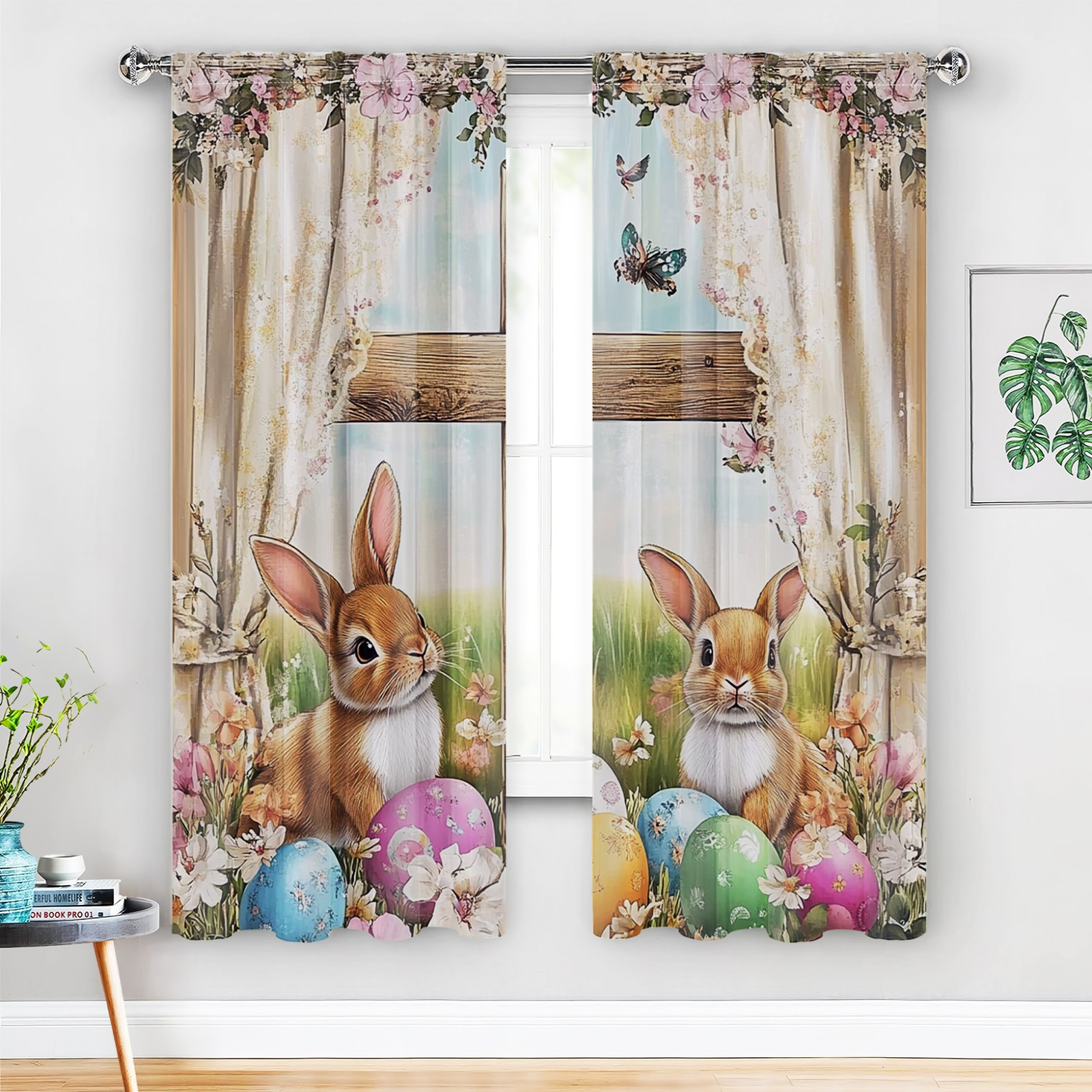 

2pcs Classic Polyester Blackout Curtains With Cute Bunny And Design, Rod Pocket Drapes For Bedroom & Bathroom, Spring Holiday Decor With & Flowers