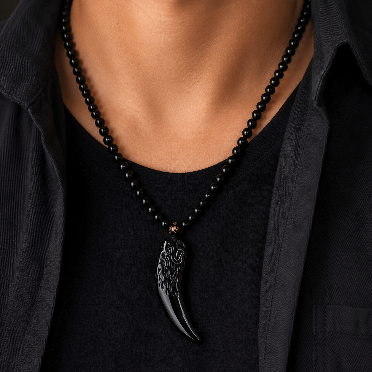 Men's Wolf Tooth Necklace with Carving Pendant & True Word Beads