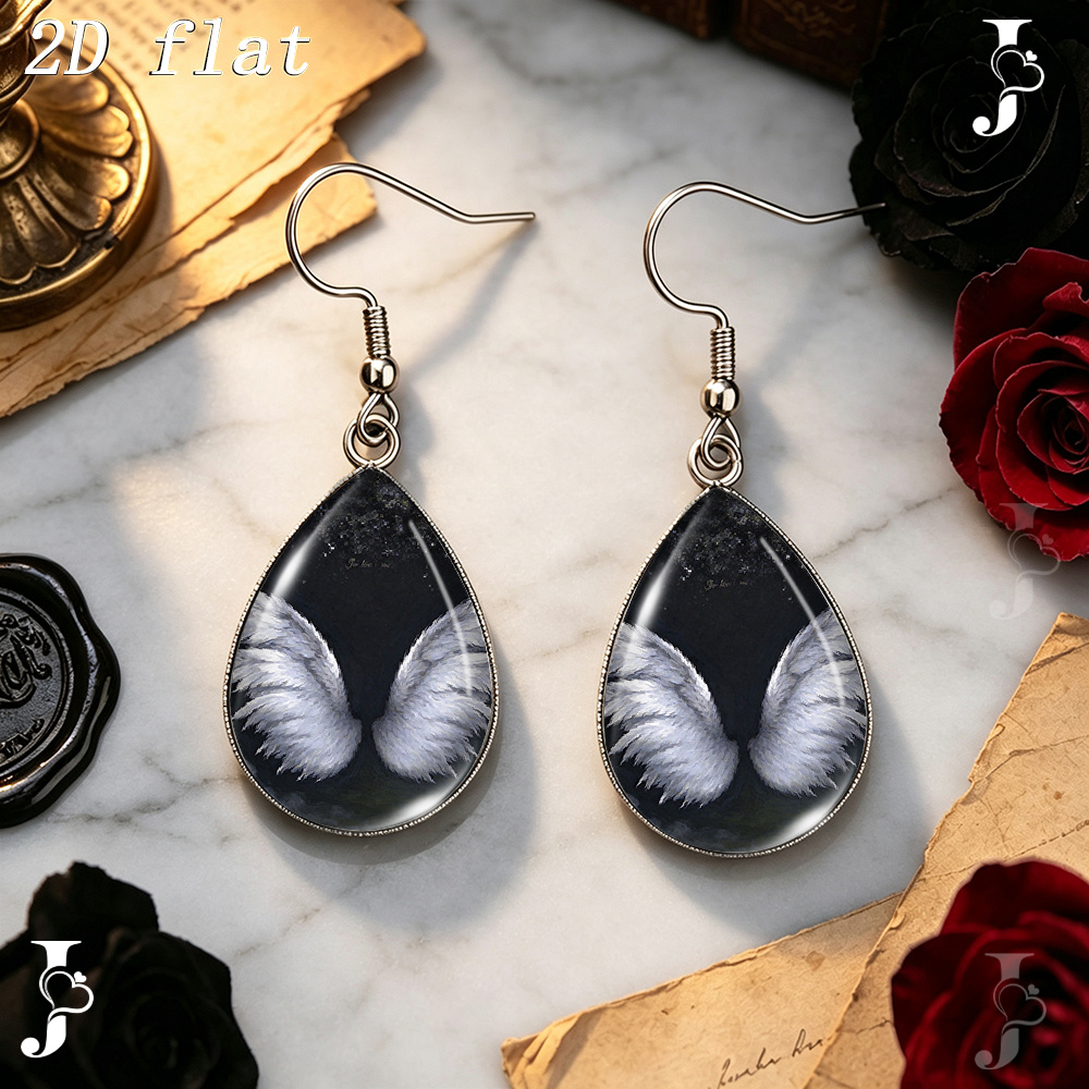 Teardrop Dangle Earrings with Black Background and White Angel Wings