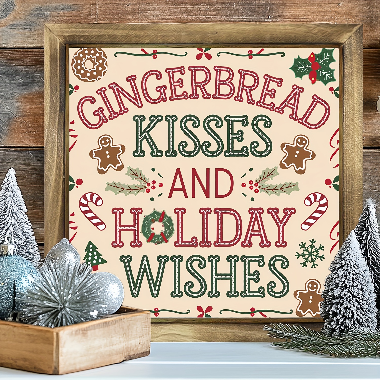 TEMU 1pc Handcrafted Vintage Christmas Wooden Wall Hanging "gingerbread Kiss And Holiday " Rustic Style Reclaimed Wood Decor, Suitable For Bedroom,