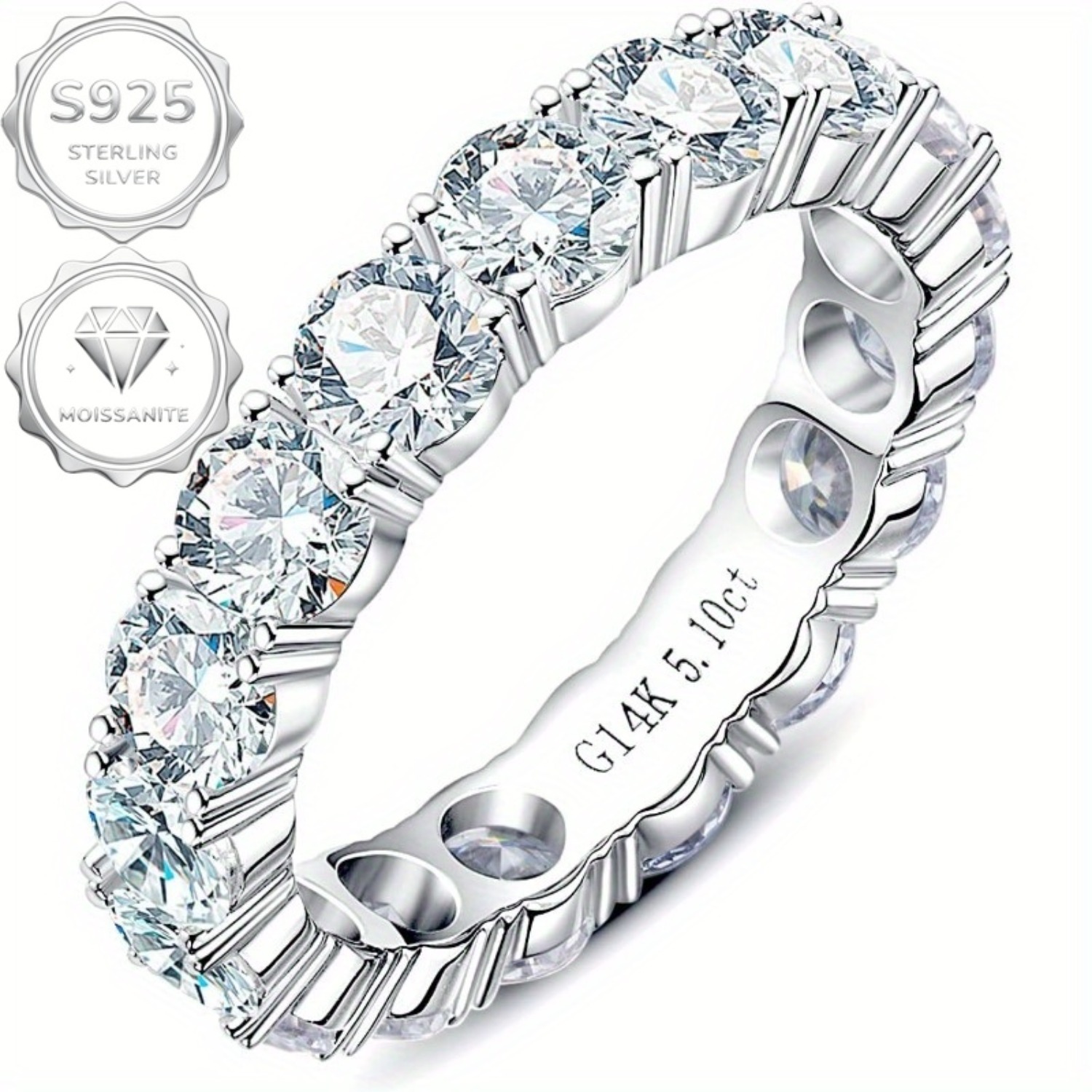 TEMU Ladies S925 Sterling Silver Moissanite Eternal Ring, Classic Wedding Band, Fashionable Engagement Jewelry, Exquisite , Engagement Ring, Romantic