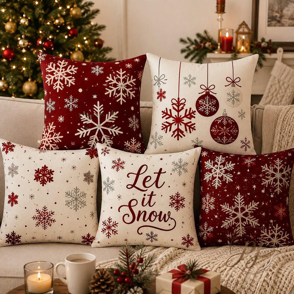 TEMU Lot de 5 taies d'oreiller à motif de de neige de Noël, housses de coussin festive, housses de coussin sur le thème de Noël rouges, blanches et