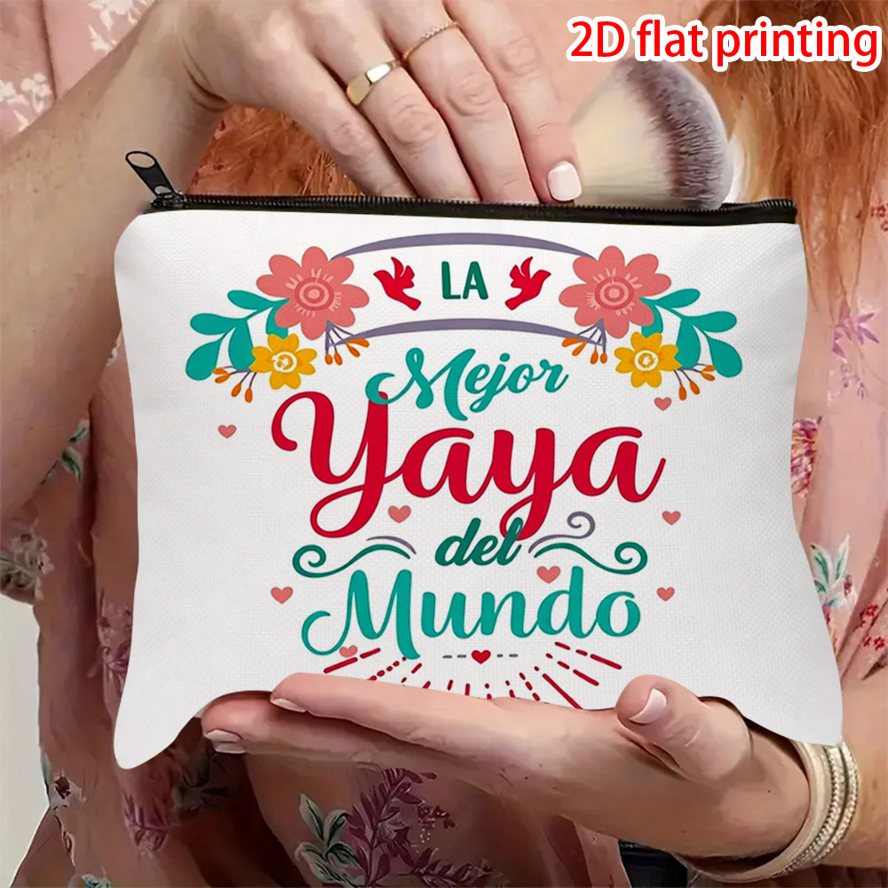 TEMU 1 ud. Neceser de maquillaje de cara con diseño de impresión 2D, con coloridos patrones florales y texto "La mejor niñera del mundo", cierre de