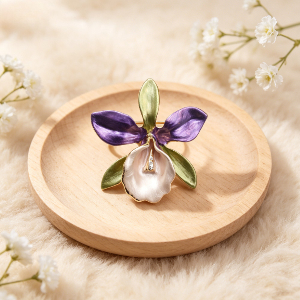 TEMU Vintage-inspired Enamel Orchid Brooch - Nature-inspired Floral Pin, Fashionable Accessory For Coats, Bags, Hats, And Scarves; A Unique Gift Idea