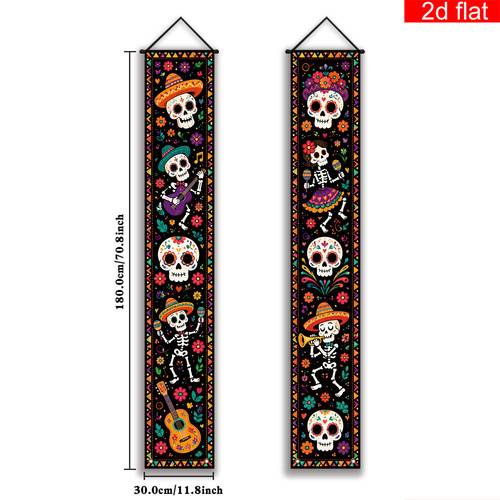 banner 2d , 2d - 2d , 2d - banner 2d , 2 piezas día de muertos banner para puerta principal, , poliéster, con una guitarra, , calavera y flores; para uso en interiores y exteriores, decoración colgante para el