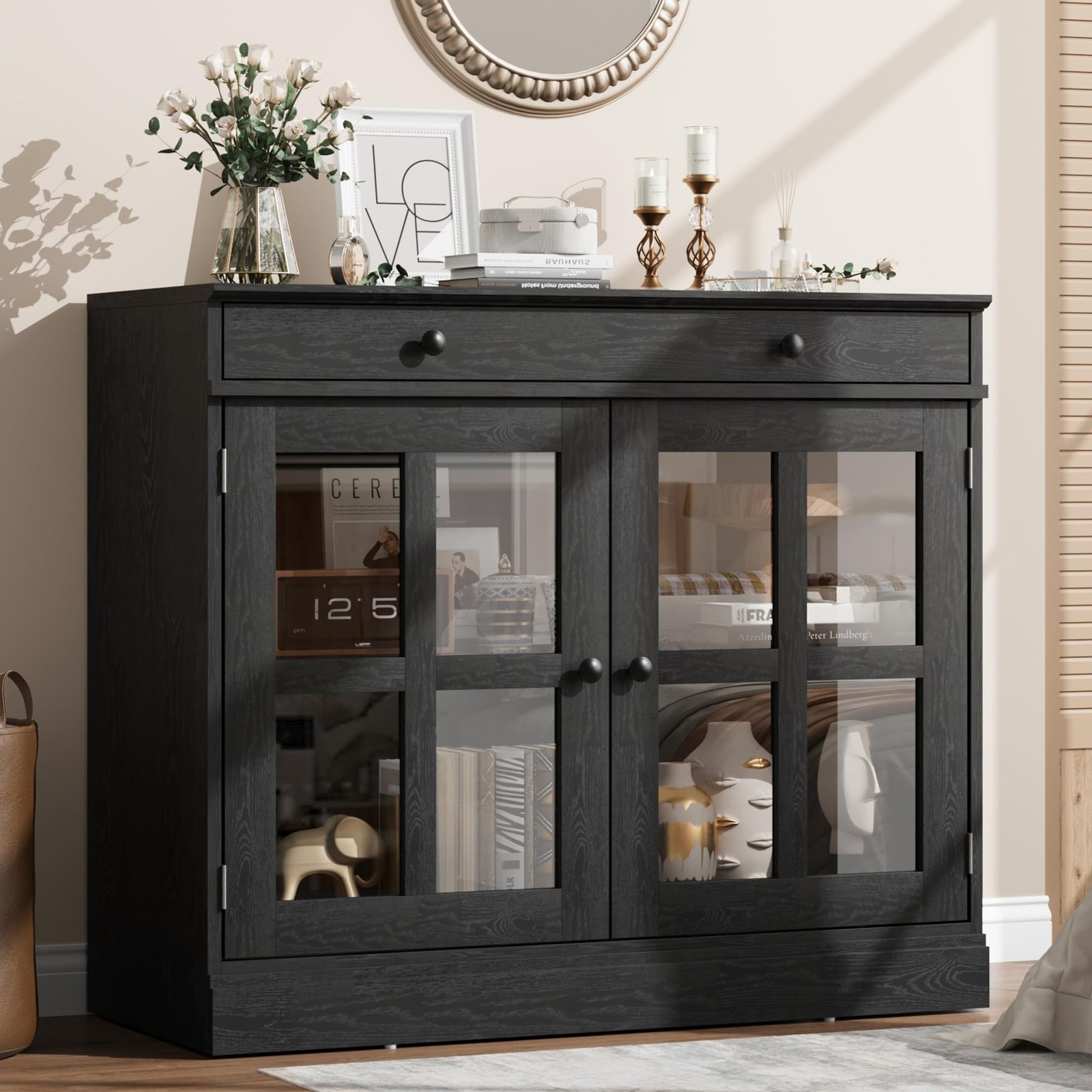 GAOMON 35.4Inch Black Sideboard Buffet Cabinet with Glass Doors, Storage Cabinet with Drawer, Modern Buffet And Sideboard for Dining Room, Kitchen, Living Room
