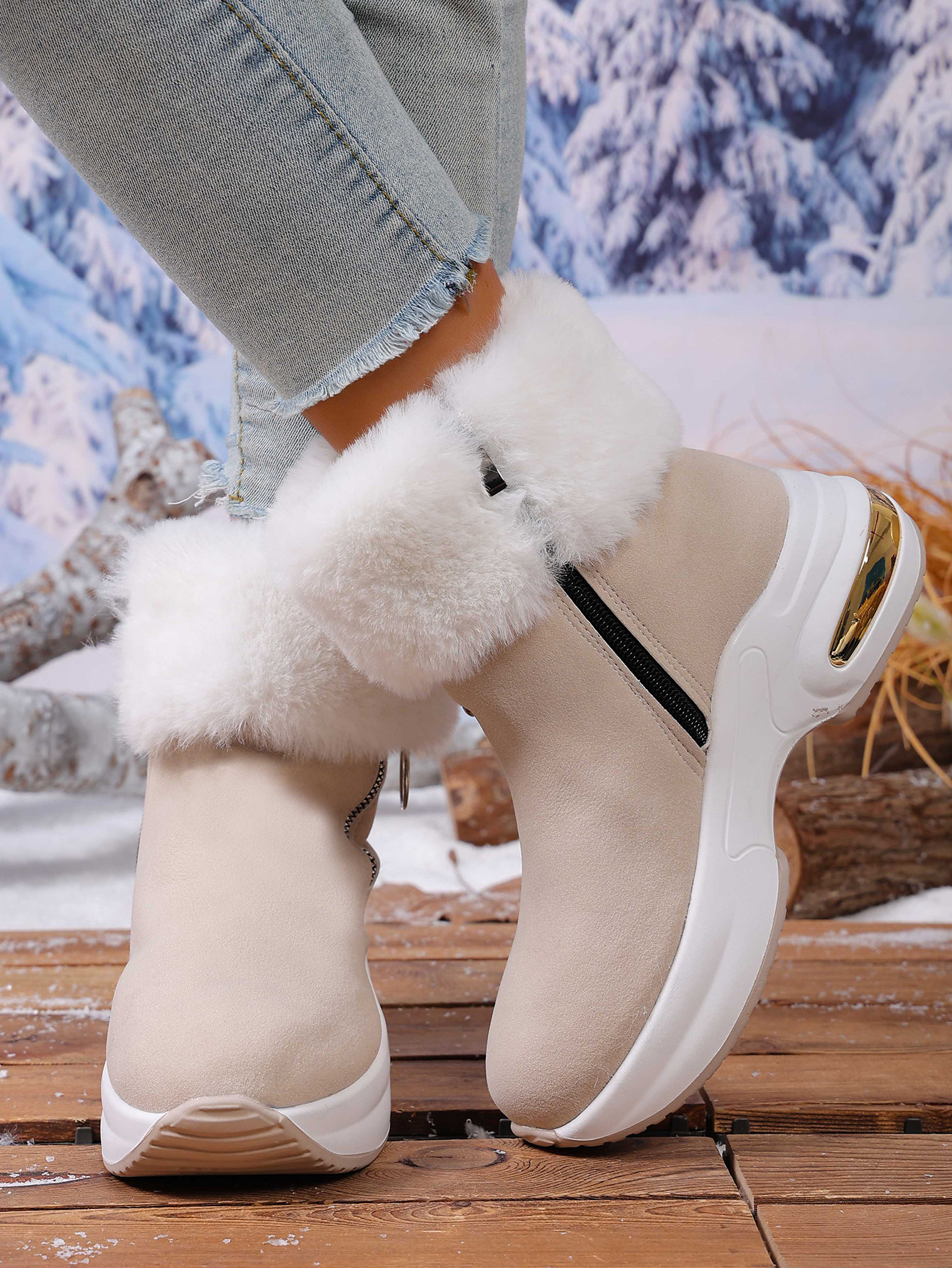 Winter Fleece-Lined Warm Wedge Snow Boots | Women 2025 New Large Size 43 Thick Sole Furry Snow Boots with Fabric Upper and Insole, EVA Sole
