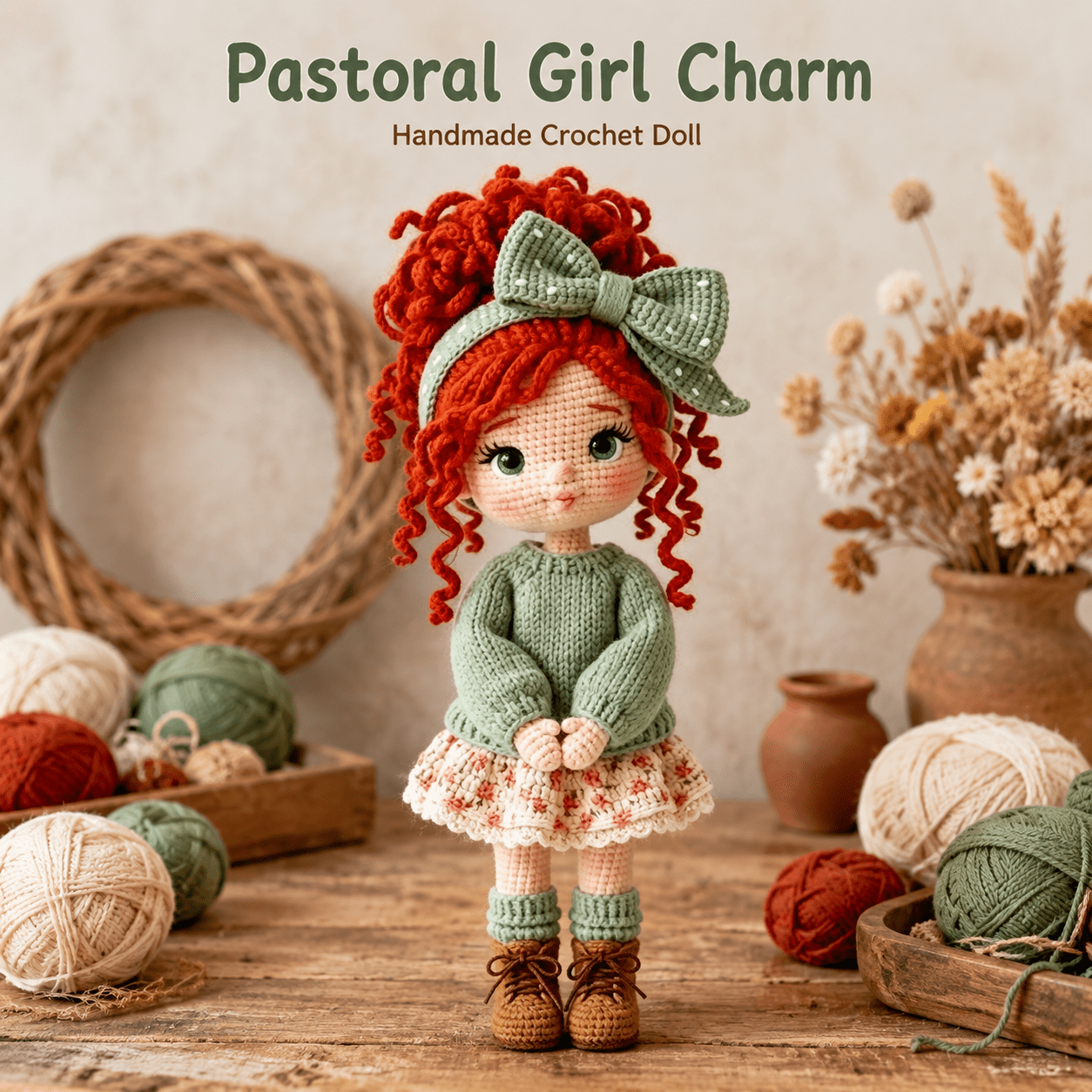 TEMU Kit de Crochet DIY Fille aux Cheveux Bouclés Rouges avec Nœud, Fournitures pour Poupée Non , Outils de Filage et Tutoriel de Couture Étape par