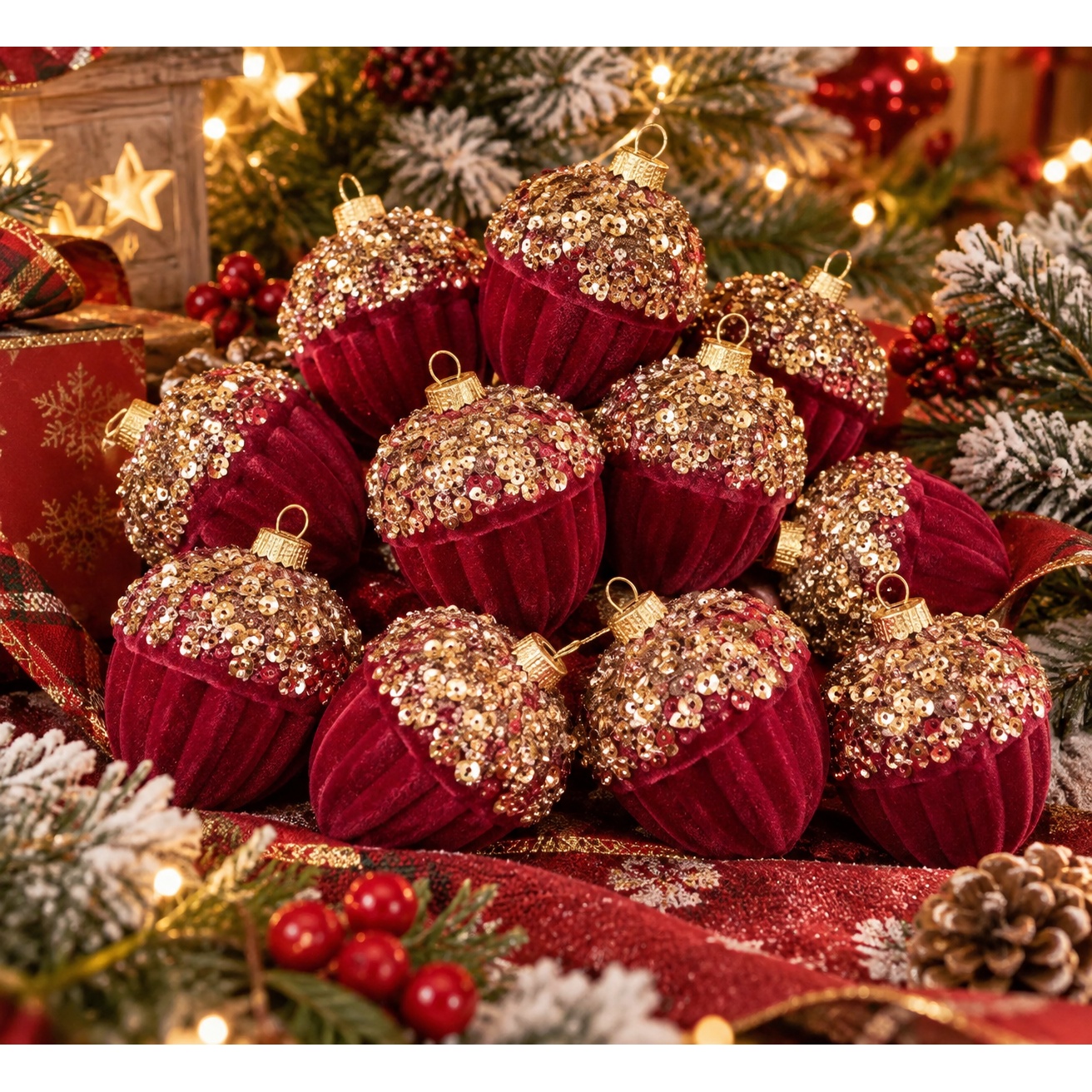 TEMU Set di 12 ornamenti natalizi, decorazioni da appendere anti-caduta, paillettes dorate e palline di Natale in velluto, ornamenti a forma di pigna