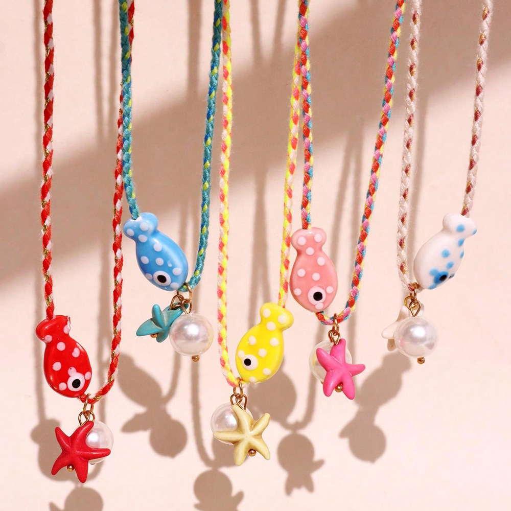 E-shop 5-teiliges/Set Damenmode Anhänger Halskette, Western Keramik Ozean Kleiner Fisch Anhänger Halskette Verstellbare Seilkette Seestern Glasperle