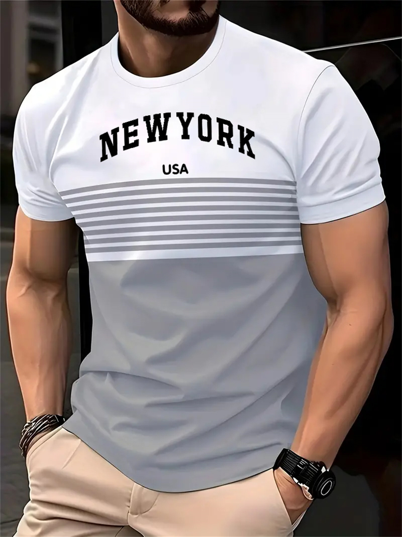 Men's New York USA 3D Print Striped T-Shirt - Casual Summer Sportswear, Oversized Red and White Short Sleeve Tee with Asymmetrical Stripes