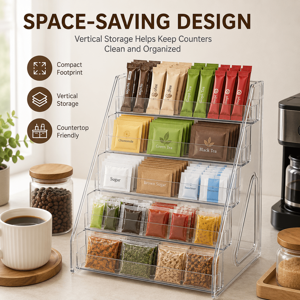TEMU Large Capacity 5-tier Acrylic Organizer For Coffee Bar, Tea Bags, Condiments, And Beverage Additions, Clear Countertop Display Shelf With Design