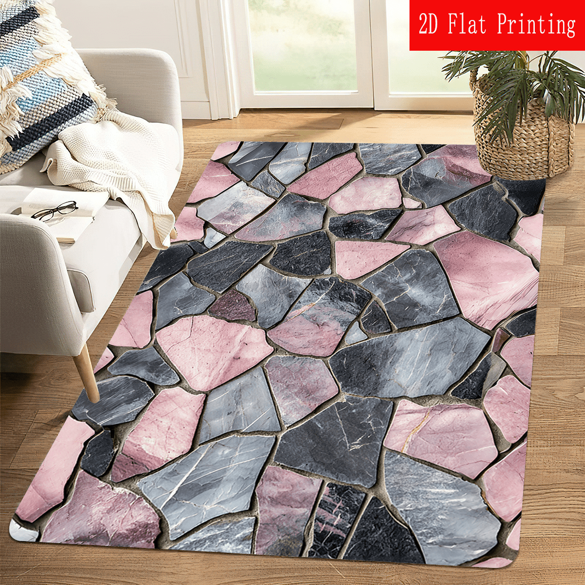 TEMU 1pc 2d Plane Pattern Pink And Gray Stone Printing Floor Mat For Living Room, Home Decor Rug, Kitchen Decor Carpet, Wash Basin Bathtub Side