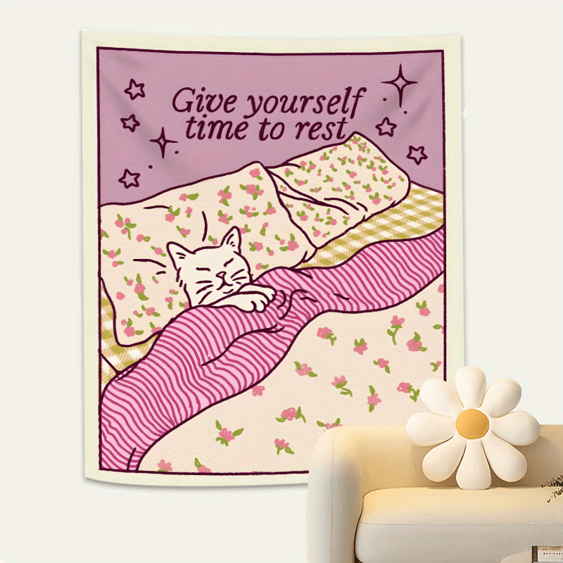 Chic Pink Cat Tapestry With Inspirational Quote And Floral Design_voghion.com