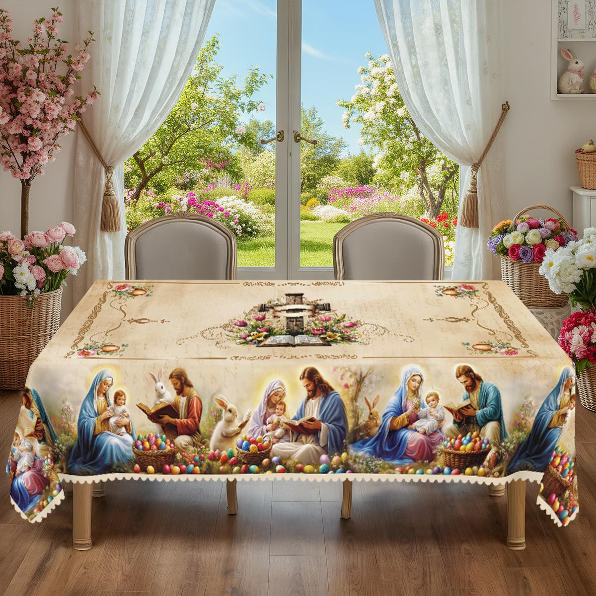 item picture a luxurious easter themed tablecloth featuring vintage rabbits scenes of birth colorful eggs and floral prints made of polyester with embossed edges suitable for indoor and outdoor dining picnics dinners and restaurant decor