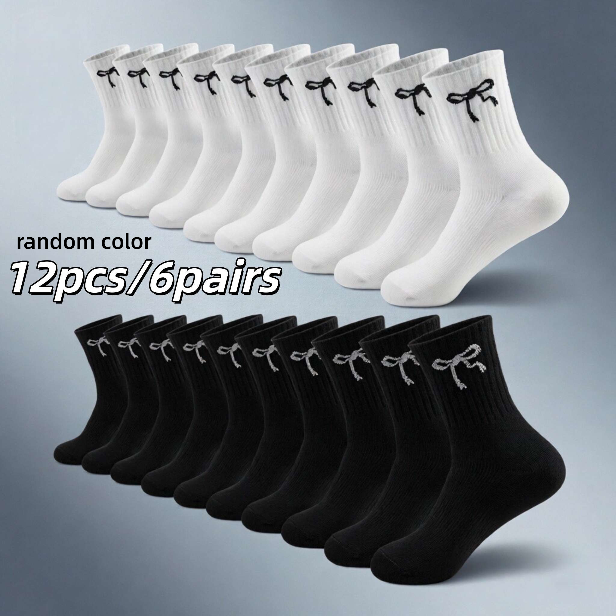 TEMU 12pcs/6pairs Black White Bow Women's Mid-calf Socks - Random Colors Spring Summer Breathable Comfortable Sweat-absorbent Socks, Loose Cuff, ,