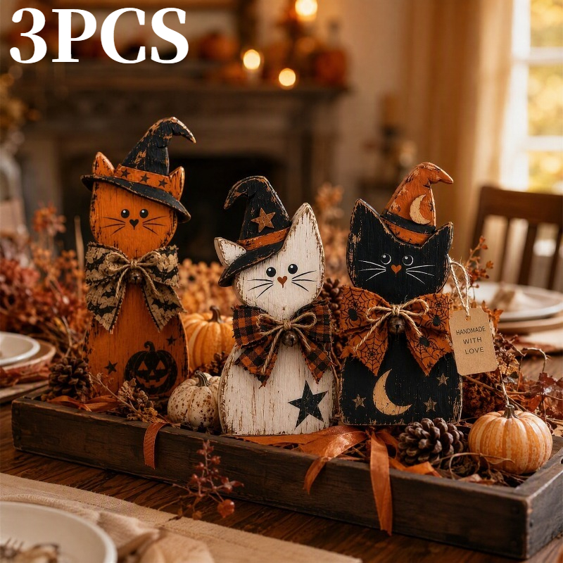 Image of 3pcs Retro Wooden Halloween Cat Tabletop Decor With Witch Hat Farmhouse Style Autumn Fall Ornaments For Mantel Shelf Indoor Home Party Decoration