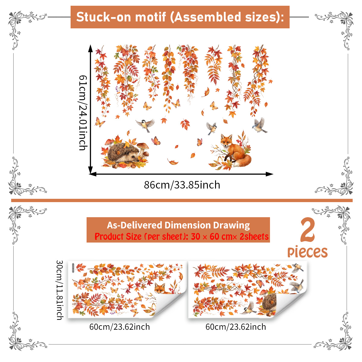 Image of 1 Set Contains 2 Pieces (30 X 60cm X 2pcs) Ins-style Watercolor Autumn Fallen Leaves Static Window Decals, Fox And Hedgehog Thanksgiving Glass Decorative Stickers, Item No. D19057