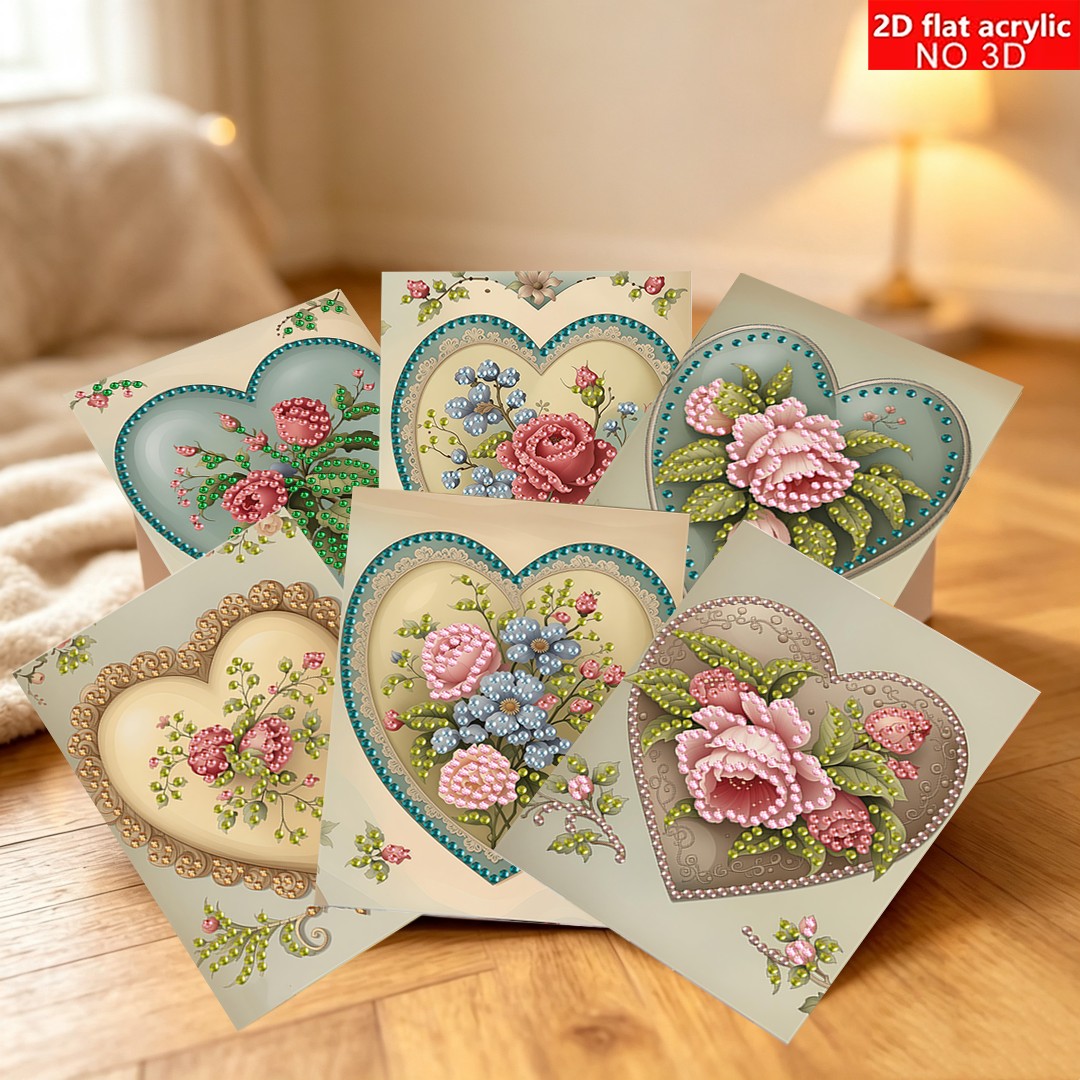 TEMU New 6pcs 2d Flat Diamond Painting Greeting Card Set - Retro Heart Floral Series, Design. Round Rhinestone Painting Card Handmade Kit Includes
