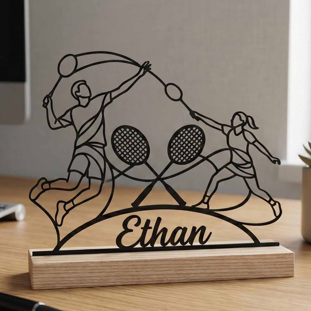 TEMU Figuras Coleccionables: 1 Letrero Metálico Personalizado de de Bádminton, Decoración Deportiva de Escritorio Personalizada con Base de Madera,