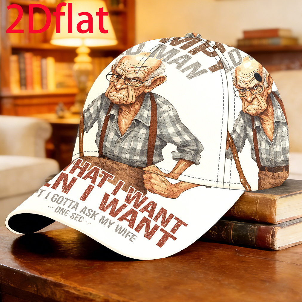 TEMU 1pc-2dflat Old Man Statement Print Baseball Cap Comfortable Polyester Vintage Baseball Hat Jogging Sports Events Sophisticated Graduation Gift