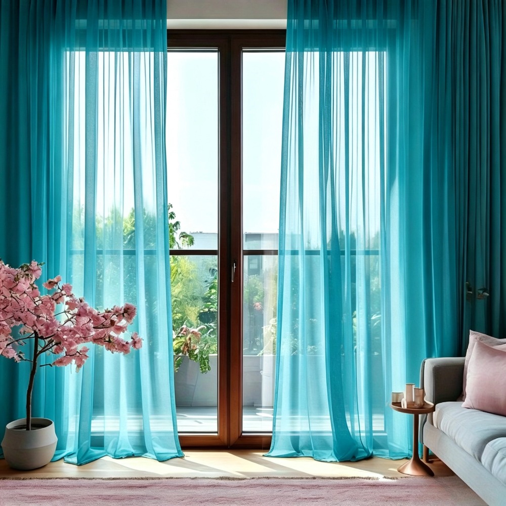 TEMU 4pcs Set, Rod Pocket Extra Large Size, Extra Wide Light Luxury Blue 100% Polyester Sheer Curtains, Rod , Multi-functional Top Hooks, High-