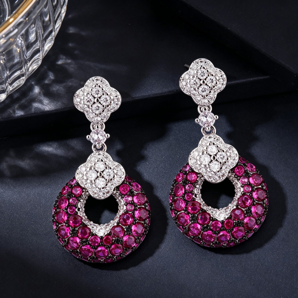 Women's Double Hollow Color Stone Clover Drop Earrings